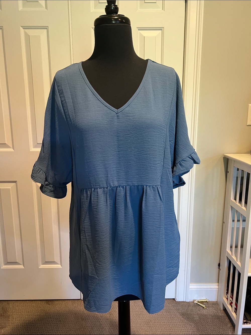 V-Neck Ruffled Sleeve Babydoll Blouse in Dusty Blue